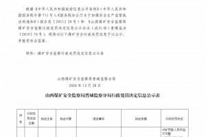 山西煤矿安全监察局晋城监察分局行政处罚决定信息公示公告（2020）第141号（2020年12月28日）